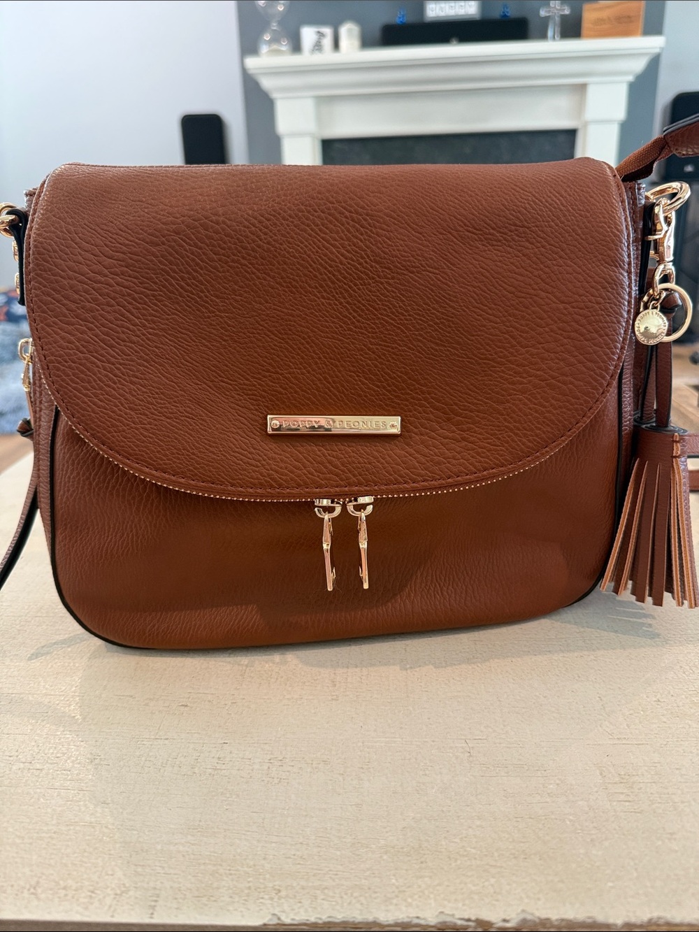 Poppy & Peonies Chestnut Brown Pebble Leather Crossbody with Tassel